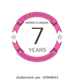 Seven years anniversary celebration logo with ring and ribbon on white background. Vector template for your design