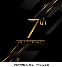 seven years anniversary celebration logotype. 7th anniversary logo golden colored isolated on black background, vector design for greeting card and invitation card.