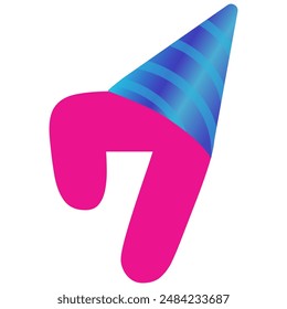 Plantilla Diseño de la invitación de la tarjeta de felicitación del aniversario de siete años con el número siete rosa con el sombrero azul del cumpleaños. Diseño de invitación de fiesta postal para 7 aniversario.