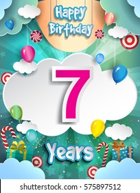 seven Years Birthday Design for greeting cards and poster, with clouds and gift box, balloons. design template for anniversary celebration.