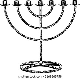 Seven-branched candlestick, candle holder, seven arm menorah, menora vector