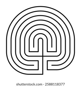 Sevenfold Cretan labyrinth with single path. Classical design of circular shaped 7-course labyrinth, well-known in antiquity. Also the design of a Caerdroia, a Welsh turf maze, created by shepherds.