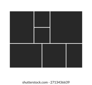 Eine Sieben-Rahmen-Foto-Collage-Vorlage mit einer großen quadratischen Fläche, einem vertikalen Stapel und drei ausgerichteten unteren Quadraten.