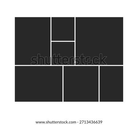 A seven-frame photo collage template featuring a large square area a vertical stack and three aligned bottom squares.