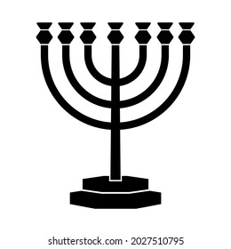 The Seven-lamp Menorah Ancient Hebrew Lampstand Icon. Black Silhouette Vector Symbol Of The Six Branches Jewish Candelabra