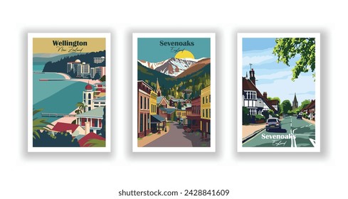 Sevenoaks, England. Telluride, Colorado. Wellington, New Zealand - Vintage travel poster. Vector illustration. High quality prints