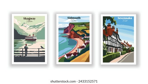 Sevenoaks, Kent. Sidmouth, Devon. Skagway, Alaska - Set of 3 Vintage Travel Posters. Vector illustration. High Quality Prints