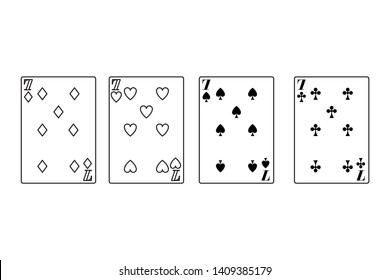 sevens of all suits cards icon cartoon black and white vector illustration graphic design