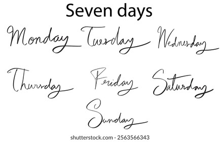 Sevens day monday tuesday wednesday thursday friday saturday sunday calligraphy script written hand lettering week month logo banner graphic support holiday schedule calendar event paln sevens day art