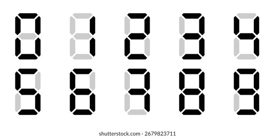 Seven-segment digital number vector set in black silhouette style, numeric digits for electronic display, clock, and calculator design.