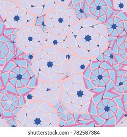 Seven-sided abstract elements, geometric flowers. Six-color texture. Seamless pattern.