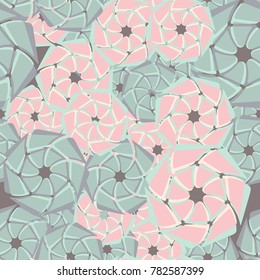 Seven-sided abstract elements, geometric flowers. Six-color texture. Seamless pattern.