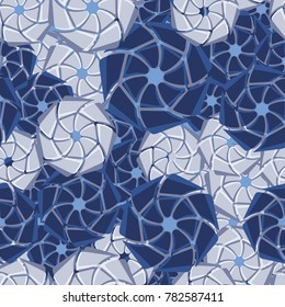 Seven-sided abstract elements, geometric flowers. Six-color texture. Seamless pattern.