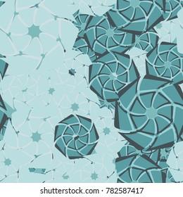 Seven-sided abstract elements, geometric flowers. Six-color texture. Seamless pattern.
