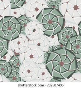 Seven-sided abstract elements, geometric flowers. Six-color texture. Seamless pattern.