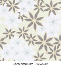 Seven-sided abstract elements, geometric flowers. Six-color texture. Seamless pattern.