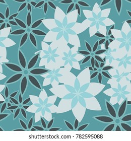 Seven-sided abstract elements, geometric flowers. Six-color texture. Seamless pattern.