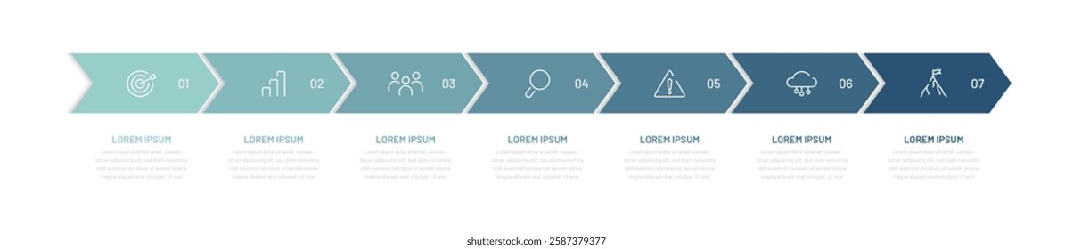 Seven-step temporary infographics. Modern diagram for presentation, slide, web design, report, conference. Stages of goal achievement