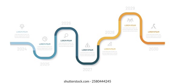 A seven-step timeline or chart. Infographics for a presentation or website. Stages of goal achievement, forecasting of results. Modern infographics for business