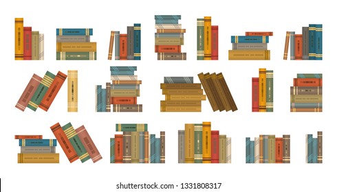 Seventeen combinations of books of different formats and with different covers. Book collections for shelves and cabinets. Vector set