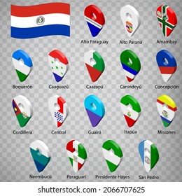 Seventeen flags the Departments of Paraguay  -  alphabetical order with name.  Set of 3d geolocation signs like flags Departments of Paraguay. Seventeen one 3d geolocation signs for your design. EPS10