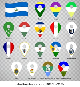 Seventeen flags the Provinces of Nicaragua  -  alphabetical order with name.  Set of 2d geolocation signs like flags Departments of Nicaragua.  Seventeen one 2d geolocation signs for your design. 