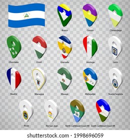 Seventeen flags the Provinces of Nicaragua  -  alphabetical order with name.  Set of 3d geolocation signs like flags Departments of Nicaragua.  Seventeen one 3d geolocation signs for your design.