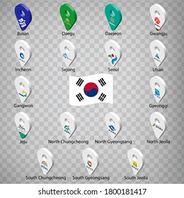 Seventeen flags the Provinces of South Korea - alphabetical order with name.  Set of 3d geolocation signs like flags Provinces of South Korea.  Seventeen 3d geolocation signs for your design. EPS10.