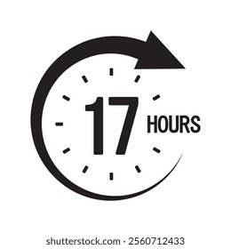 Seventeen hours icon. Black circular arrow. Countdown timer design. Vector clock illustration.