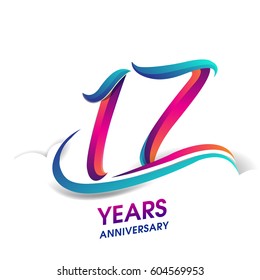 seventeen years anniversary celebration logotype blue and red colored. 17th birthday logo on white background.