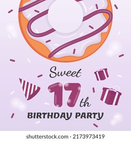Seventeen years old birthday invitation with delicious donut