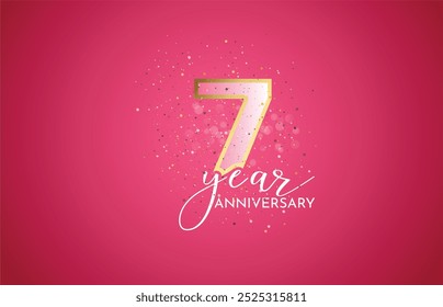 Celebración del séptimo aniversario, celebración del 7 aniversario, signo 3d realista, estrellas, fondo rosa, ilustración festiva, dorado, confeti brillante número 7 rosa, 7,8