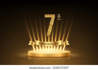 Seventh anniversary gold award podium. 7 year celebration birthday or jubilee golden vector background. Luxury stage with glowing rays, glittering number 7 and ribbon with text anniversary on black.