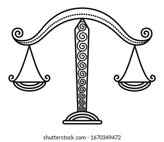 Séptimo signo astrológico, libra asociada con constelación con el mismo nombre. Zodiaco representado por balanzas. Dibujo de esquema en blanco. Ilustración vectorial de la herramienta de medida en estilo plano