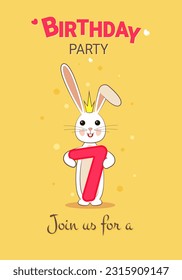 Seventh Birthday. 7 years old for a girl. Birthday party Hare with the number seven. Invitation banner. 