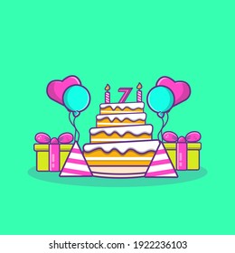 Seventh Birthday Cake Cartoon Icon Illustration Vector Concept