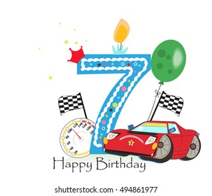 Seventh birthday greeting card. Car vector illustration background