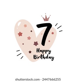 Seventh birthday greeting card with doodle heart and stars prints. Birthday greeting card
