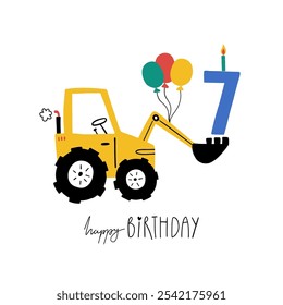 Seventh birthday. Hand drawn happy birthday card with cute cartoon car tractor with balls, candle and lettering Happy Birthday. Vector illustration. Baby boy greeting card for 7th birthday