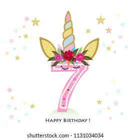 Seventh birthday. Seven. Unicorn Birthday invitation. Party invitation greeting card