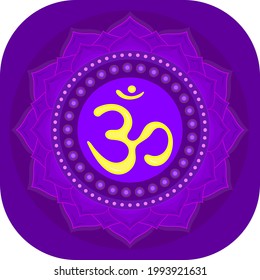 The seventh chakra Sahasrara. The crown or highest chakra with Hindu Sanskrit. Purple is a flat symbol of meditation, yoga. Vector