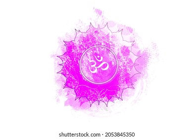 seventh chakra of Sahasrara, Crown chakra logo template in watercolor style. Purple sacral sign meditation, yoga round mandala icon. The symbol Om in the center, vector isolated on white background