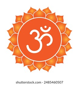 The seventh chakra, Sahasrara, known as the crown chakra, depicted with Hindu Sanskrit symbols. This highest chakra represents enlightenment, spiritual connection, and divine energy. Orange Om Flower.