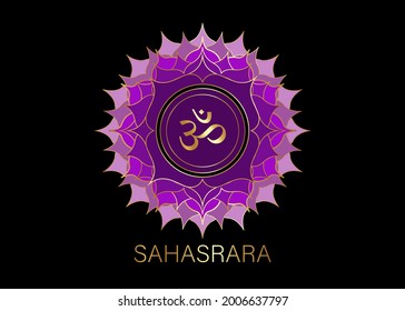 seventh chakra Sahasrara logo template. Crown chakra symbol, Purple golden sacral sign meditation, yoga round mandala icon. Gold symbol Om in the center, vector isolated on black background