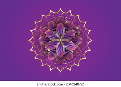 seventh chakra Sahasrara logo template. Gold Crown chakra symbol, golden luxury sacral lotus sign meditation, flower of life, yoga round mandala icon, vector isolated on purple background