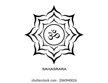 seventh chakra Sahasrara, symbol Om logo template. Crown chakra symbol, lotus sacral sign meditation, eight petals, yoga round mandala icon black tattoo, vector isolated on white background