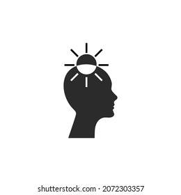 Seventh chakra sahaswara. Light of mind. Human profile with light bulb in head. Pishology icon. Creative brain logo. Vector silhouette