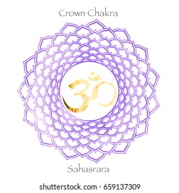 seventh crown chakra Sahasrara on purple watercolor background. Yoga icon, healthy lifestyle concept. vector illustration