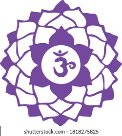Séptimo, la corona chakra Sahasrara. Ilustración vectorial de uno de los siete chakras. El símbolo del hinduismo, el budismo. Colores violentos. Patrón de mandala circular. Todos los elementos son el aislamiento.  
