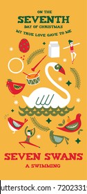 seventh day of christmas from the twelve days of christmas greetings template vector/illustration